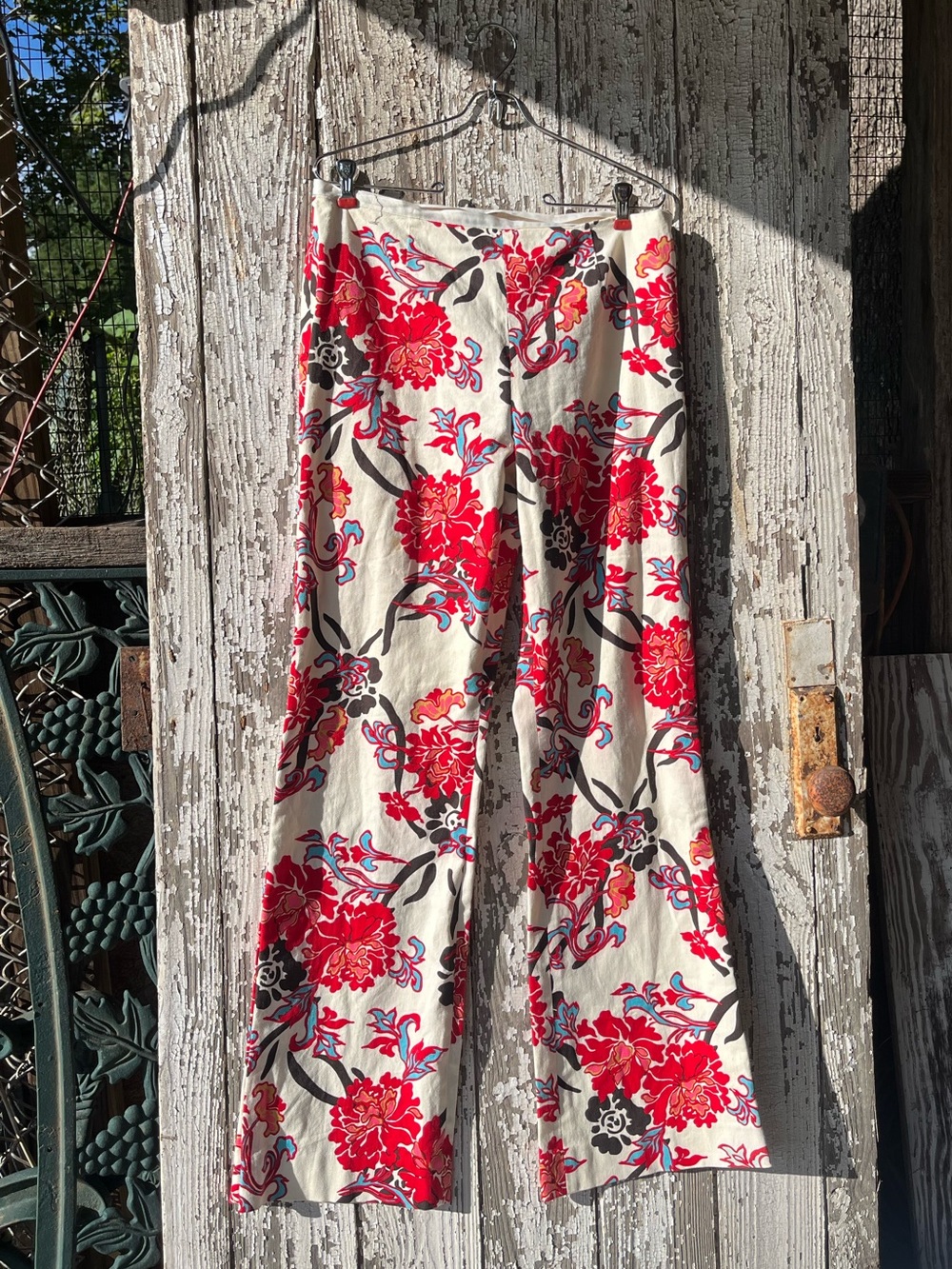 One of a kind handmade Wide-Leg Floral Print Pants in Cream and Red